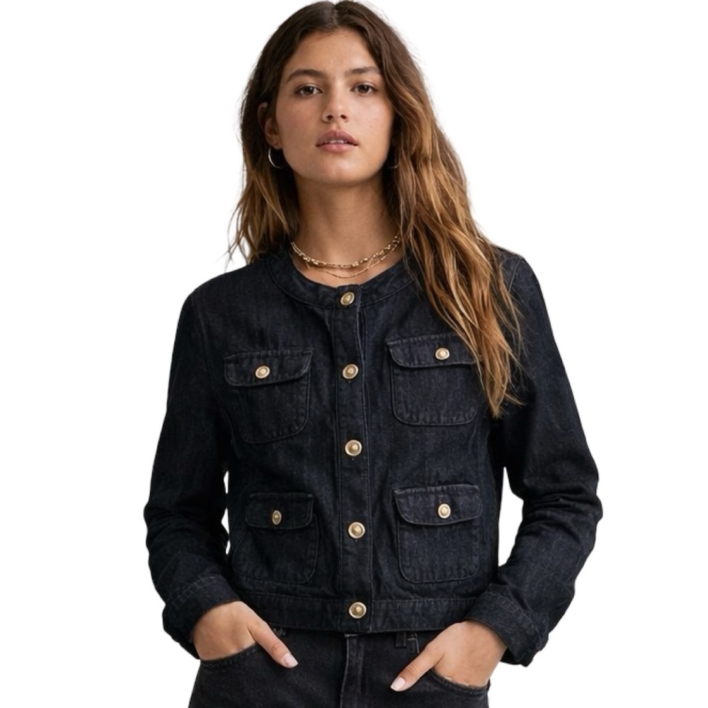 RW&CO Dark Denim Jean Jacket With Gold Hardware Old Money Preppy Business Casual